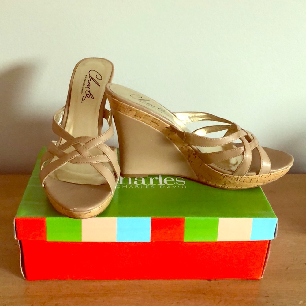Mint condition nude and cork wedge